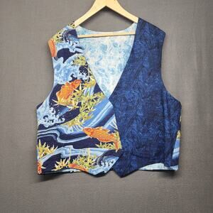Koi Fish Waves Vest Mens XL Blue Japanese Print Open Front Lined Bamboo Handmade